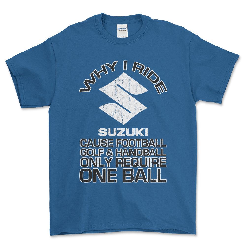 Suzuki Why I Ride Suzuki Unisex T-Shirt , Bomuld-Beklædning-Suzuki-Blå Royal-S-Forside-Garage Culture Shop- garage - man cave - merchandise