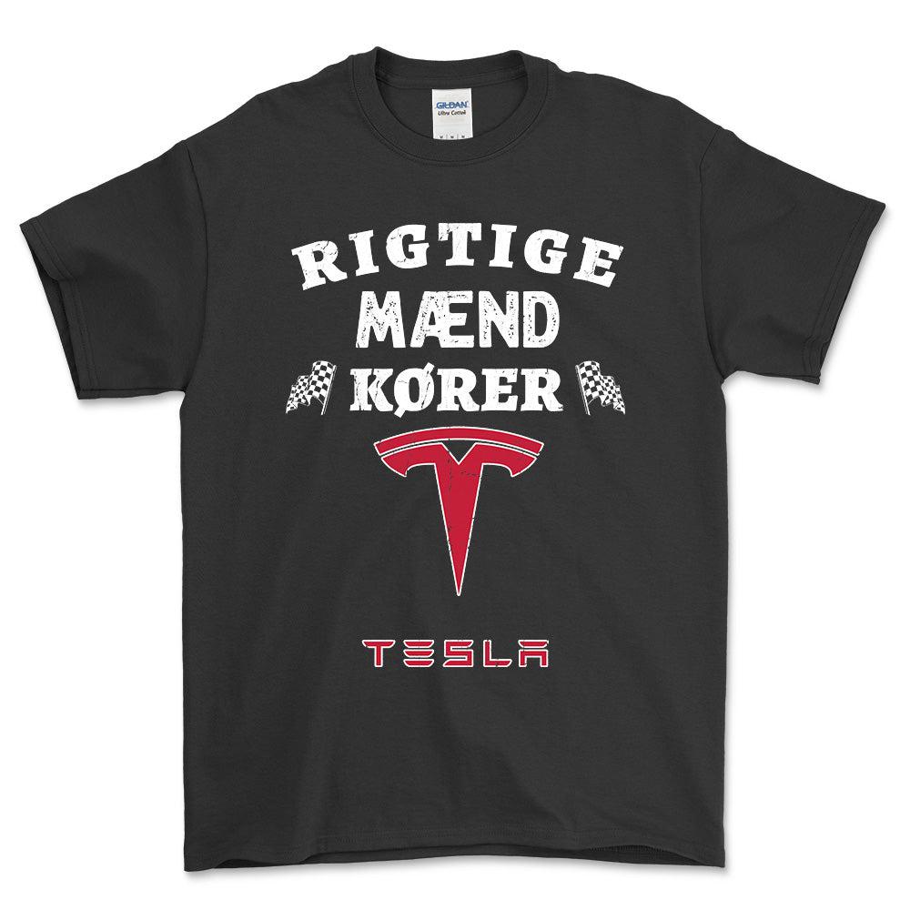 Tesla Rigtige Mænd Kører - Unisex T-Shirt , Bomuld-Beklædning-Tesla-Sort-S-Forside-Garage Culture Shop- garage - man cave - merchandise