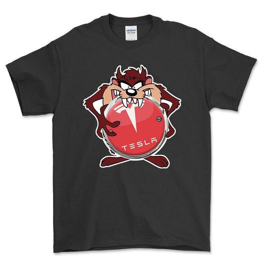 Tesla TAZ Unisex T-Shirt , Bomuld-Beklædning-Tesla-Sort-S-Forside-Garage Culture Shop- garage - man cave - merchandise