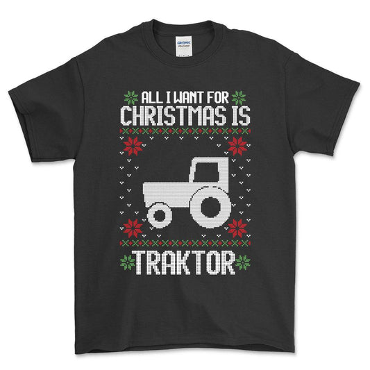 Traktor - All I Want For Christmas - Unisex T-Shirt , Bomuld-Beklædning-Traktor-Sort-S-Forside-Garage Culture Shop- garage - man cave - merchandise