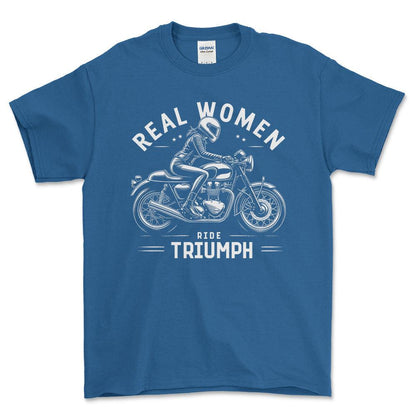 Triumph Real Women Ride Triumph - Unisex T-Shirt , Bomuld-Beklædning-Triumph-Blå Royal-S-Forside-Garage Culture Shop- garage - man cave - merchandise