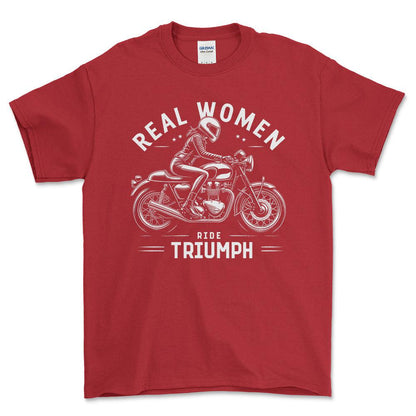 Triumph Real Women Ride Triumph - Unisex T-Shirt , Bomuld-Beklædning-Triumph-Rød-S-Forside-Garage Culture Shop- garage - man cave - merchandise