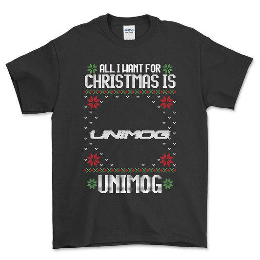 Unimog - All I Want For Christmas - Unisex T-Shirt , Bomuld-Beklædning-Unimog-Sort-S-Forside-Garage Culture Shop- garage - man cave - merchandise