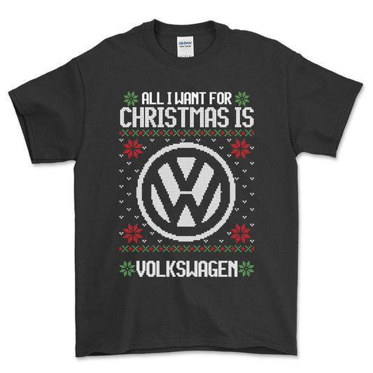 VW - All I Want For Christmas - Unisex T-Shirt , Bomuld-Beklædning-VW-Sort-S-Forside-Garage Culture Shop- garage - man cave - merchandise