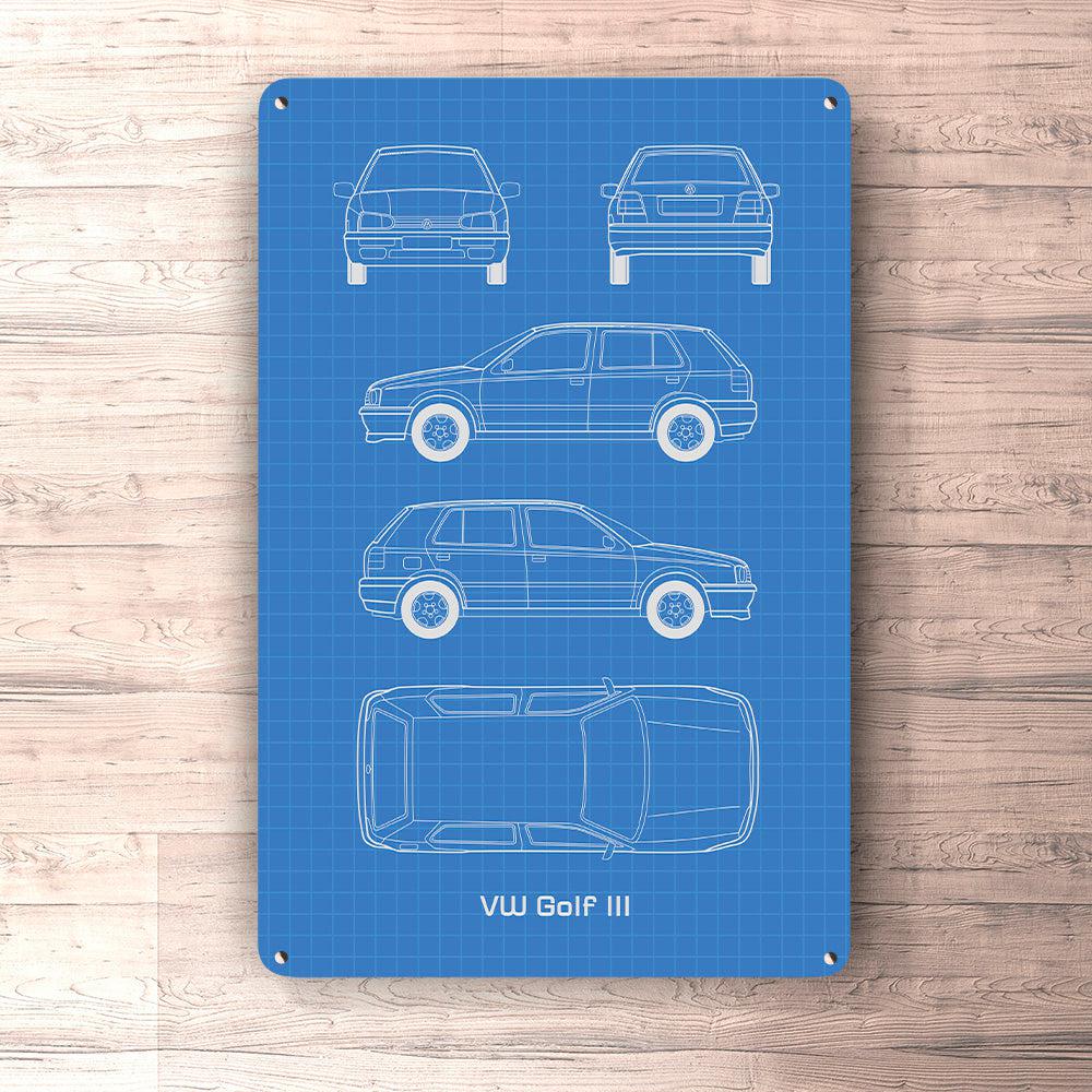 VW Golf III 4 Door Blueprint Skilte, Musemåtte, Dækkeserviet, Dørmåtte-Blueprint-VW-Garage Culture Shop- garage - man cave - merchandise