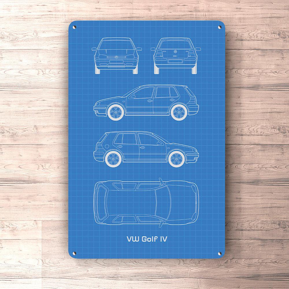 VW Golf IV 4 Door Blueprint Skilte, Musemåtte, Dækkeserviet, Dørmåtte-Blueprint-VW-Garage Culture Shop- garage - man cave - merchandise