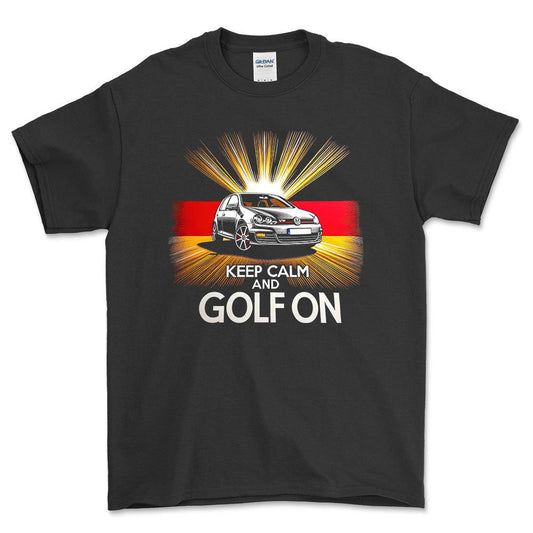 VW Golf - Keep Calm And Golf On - Unisex T-Shirt , Bomuld-Beklædning-VW-Sort-S-Forside-Garage Culture Shop- garage - man cave - merchandise