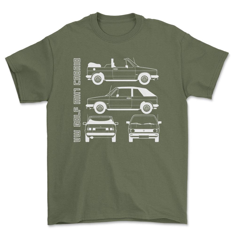 VW Golf Mk1 Cabrio Unisex T-Shirt , Bomuld-Beklædning-VW-Grøn Militær-S-Forside-Garage Culture Shop- garage - man cave - merchandise