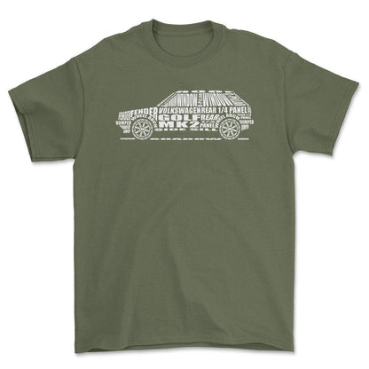 VW Golf Mk2 Unisex T-Shirt , Bomuld-Beklædning-VW-Grøn Militær-S-Forside-Garage Culture Shop- garage - man cave - merchandise