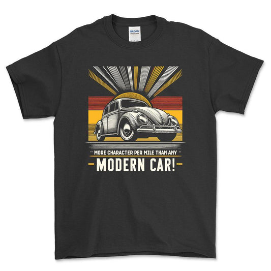 VW - More Character Per Mile Than Any Modern Car! - Unisex T-Shirt , Bomuld-Beklædning-VW-Sort-S-Forside-Garage Culture Shop- garage - man cave - merchandise