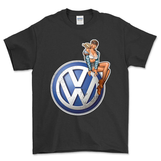 VW Pinup - Unisex T-Shirt , Bomuld-Beklædning-VW-Sort-S-Forside-Garage Culture Shop- garage - man cave - merchandise