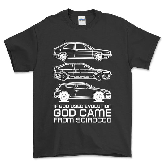 VW Scirocco If God Used Evolution God Came From Scirocco Unisex T-Shirt , Bomuld-Beklædning-VW-Sort-S-Forside-Garage Culture Shop- garage - man cave - merchandise