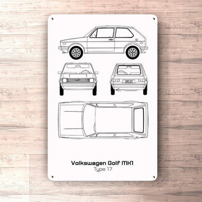 VW Volkswagen Golf Mk1 Type 17 Blueprint Skilte, Musemåtte, Dækkeserviet, Dørmåtte-Blueprint-VW-Garage Culture Shop- garage - man cave - merchandise