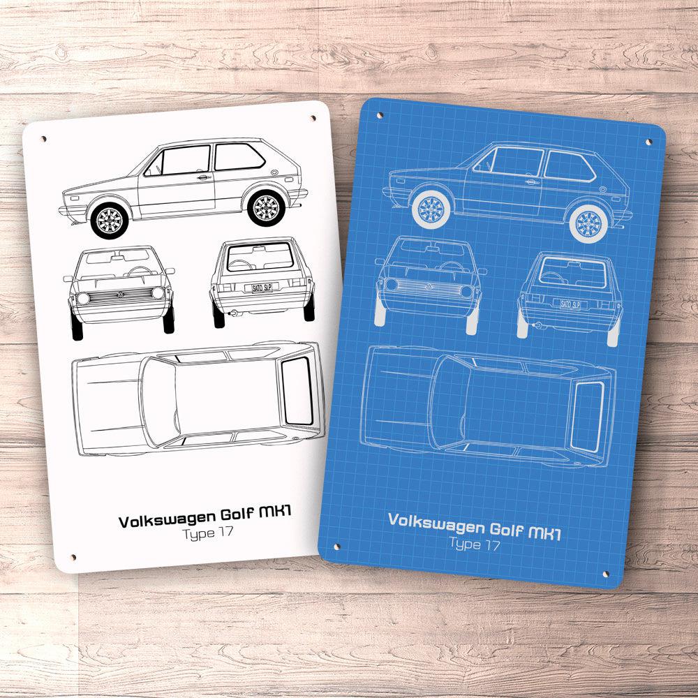 VW Volkswagen Golf Mk1 Type 17 Blueprint Skilte, Musemåtte, Dækkeserviet, Dørmåtte-Blueprint-VW-Garage Culture Shop- garage - man cave - merchandise