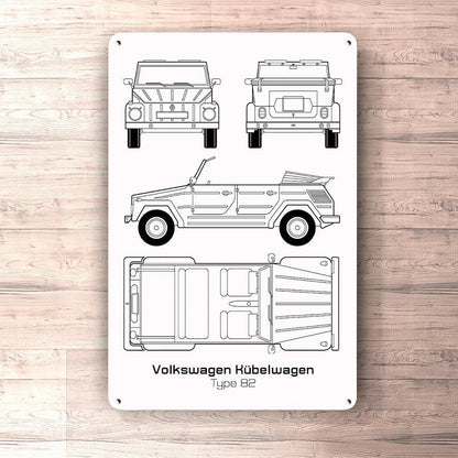 VW Volkswagen Kübelwagen Type 82 Blueprint Skilte, Musemåtte, Dækkeserviet, Dørmåtte-Blueprint-VW-Garage Culture Shop- garage - man cave - merchandise