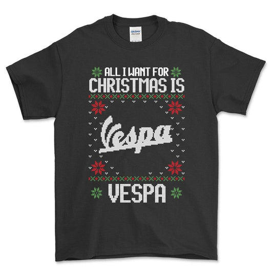 Vespa - All I Want For Christmas - Unisex T-Shirt , Bomuld-Beklædning-Vespa-Sort-S-Forside-Garage Culture Shop- garage - man cave - merchandise