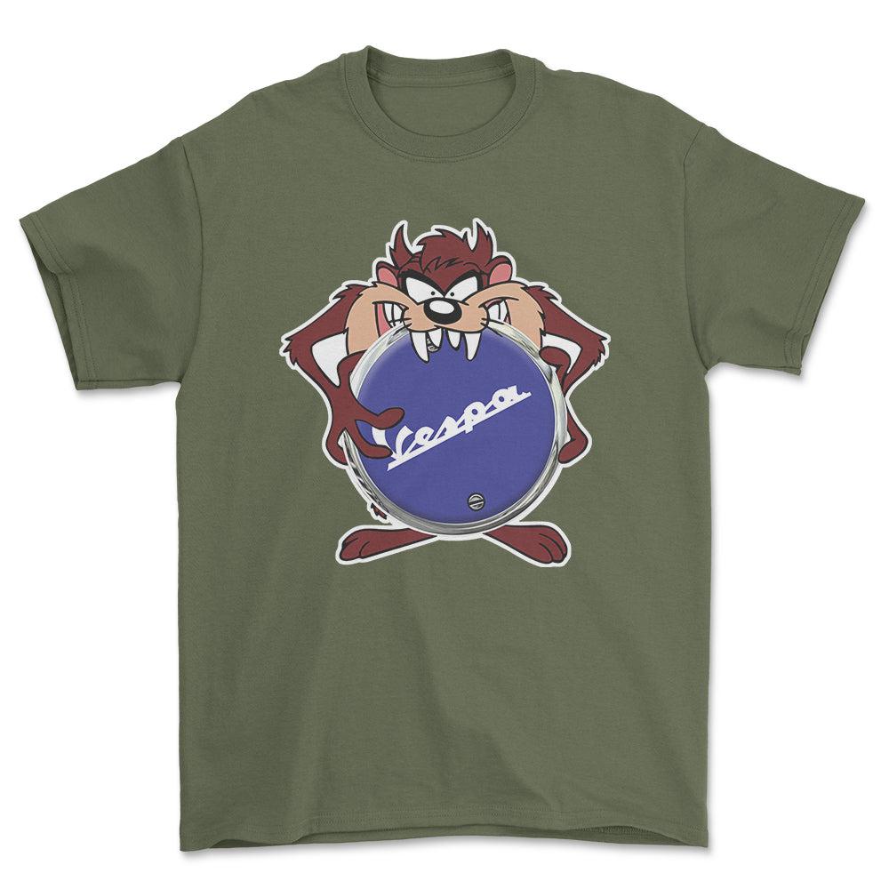 Vespa TAZ Unisex T-Shirt , Bomuld-Beklædning-Vespa-Grøn Militær-S-Forside-Garage Culture Shop- garage - man cave - merchandise