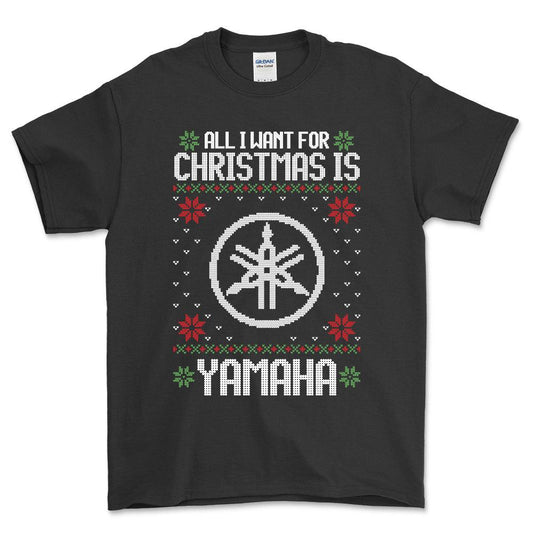 Yamaha - All I Want For Christmas - Unisex T-Shirt , Bomuld-Beklædning-Yamaha-Sort-S-Forside-Garage Culture Shop- garage - man cave - merchandise