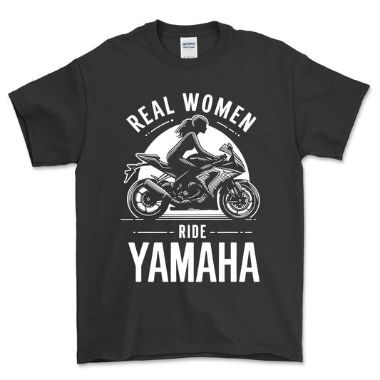 Yamaha Real Women Ride Yamaha - Unisex T-Shirt , Bomuld-Beklædning-Yamaha-Sort-S-Forside-Garage Culture Shop- garage - man cave - merchandise