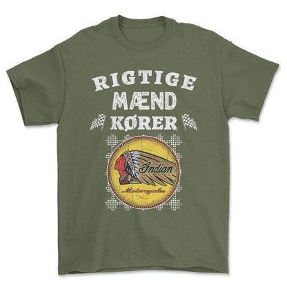 indian Rigtige Mænd Kører - Unisex T-Shirt , Bomuld-Beklædning-Indian-Grøn Militær-S-Forside-Garage Culture Shop- garage - man cave - merchandise