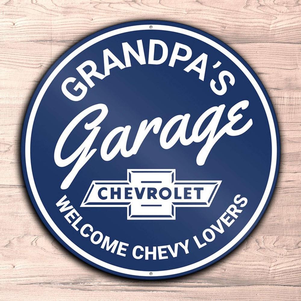 Chevrolet Grandpas Garage Sign, Chevrolet Owners, Runde Skilte , Musemåtte Rundt , Kop Underlag, Underlagssæt-Runde Skilte-Chevrolet-Garage Culture Shop- garage - man cave - merchandise