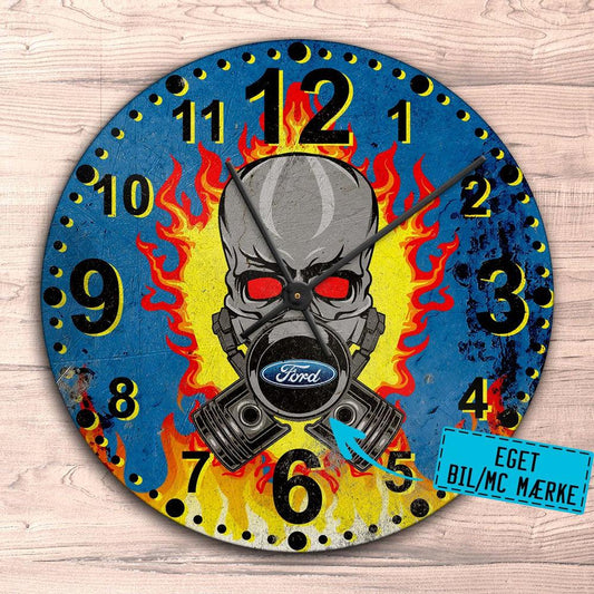 Personlig - Flamed Skull Dit Bil MC Mærke Garage - Vægur Rundt-Clock-Personlig-Garage Culture Shop- garage - man cave - merchandise